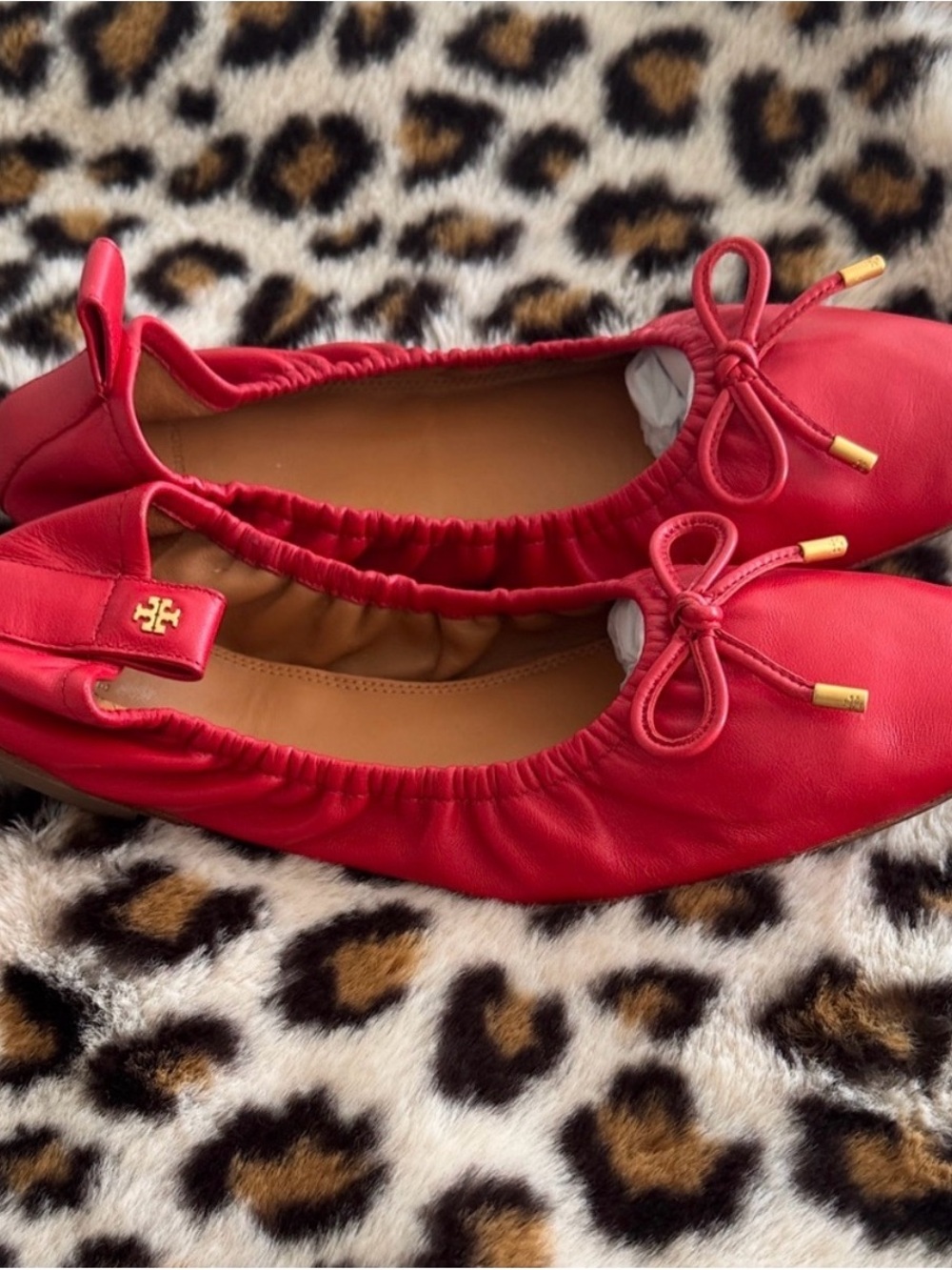 💕 GUC Tory Burch Red Leather Bow Detail Ballet Flats